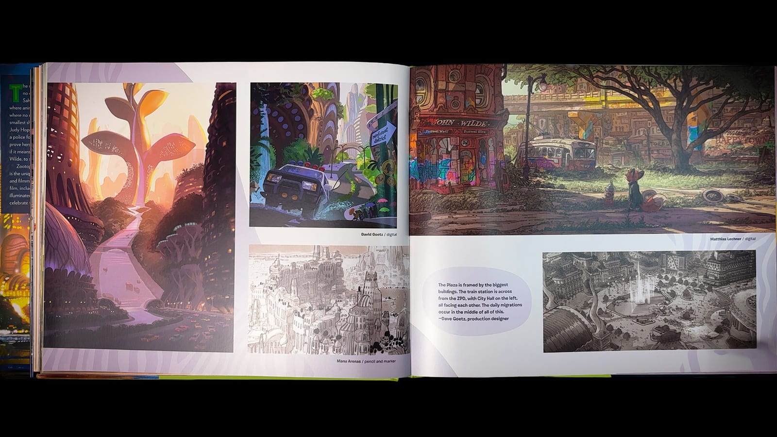 The Art of Zootopia book spread — the Rainforest District plaza